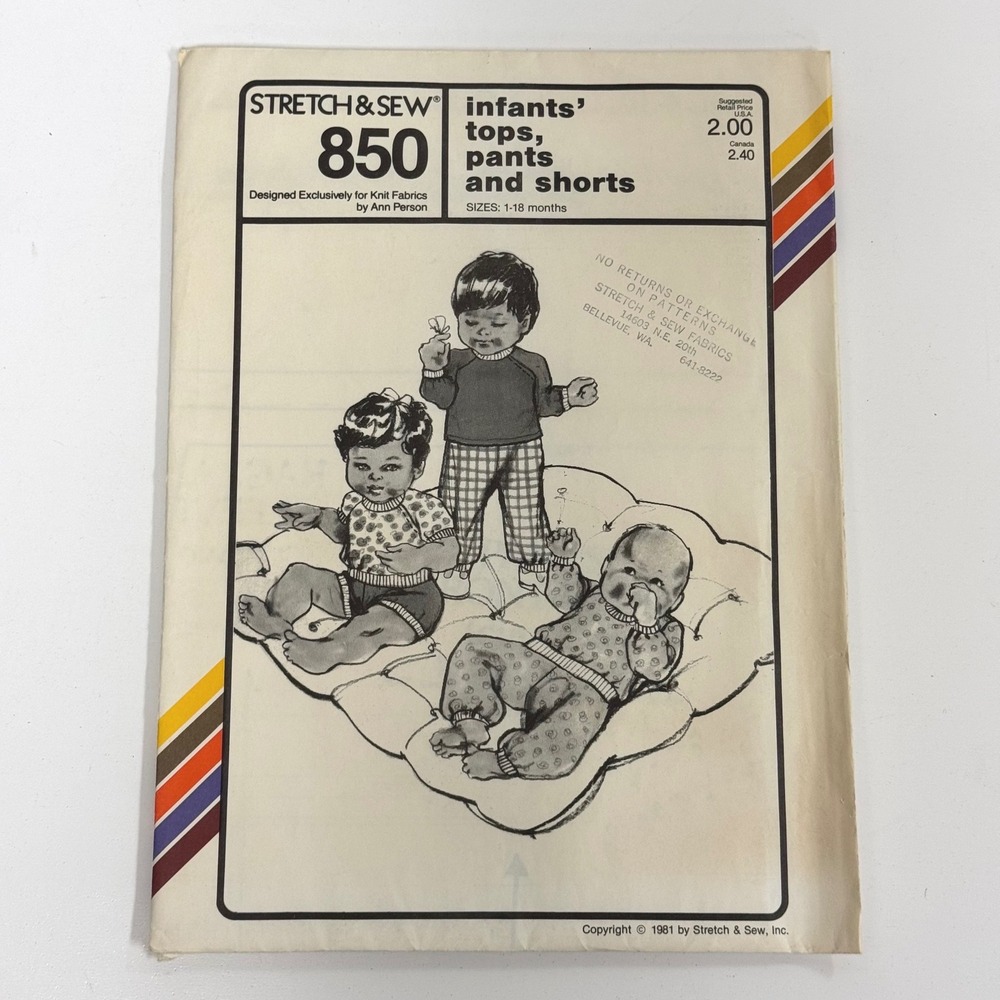 Vintage Stretch & Sew #850 Infants Tops Pants Shorts Pattern 1981 Sizes 1-18m